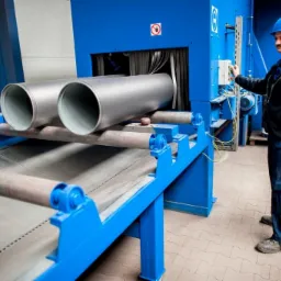 Operator w niebieskim kasku obsługuje maszynę do obróbki powierzchni rur, widoczne dwie metalowe rury na podajniku rolkowym.