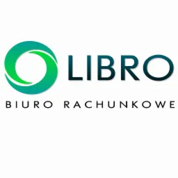 Logo firmy Libro. Zielono-niebieski okrąg, obok napis LIBRO, pod spodem BIURO RACHUNKOWE, czcionka bezszeryfowa, na białym tle. Minimalistyczny design.