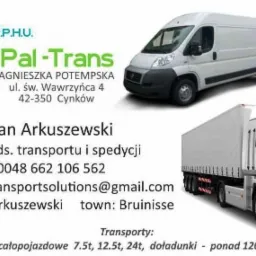 Wizytówka firmy transportowej Pal-Trans z grafiką przedstawiającą biały bus i ciężarówkę z naczepą, dane kontaktowe: adres, telefon, e-mail, skype oraz informacja o transporcie ekspresowym do 3.5t.