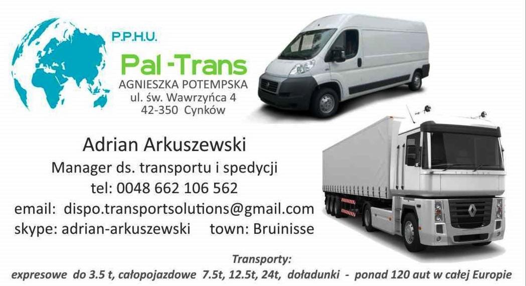 Wizytówka firmy transportowej Pal-Trans z grafiką przedstawiającą biały bus i ciężarówkę z naczepą, dane kontaktowe: adres, telefon, e-mail, skype oraz informacja o transporcie ekspresowym do 3.5t.