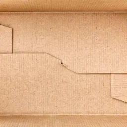 Puste, rozłożone kartonowe pudełko z widocznymi wewnętrznymi klapami i brązową teksturą tektury falistej.