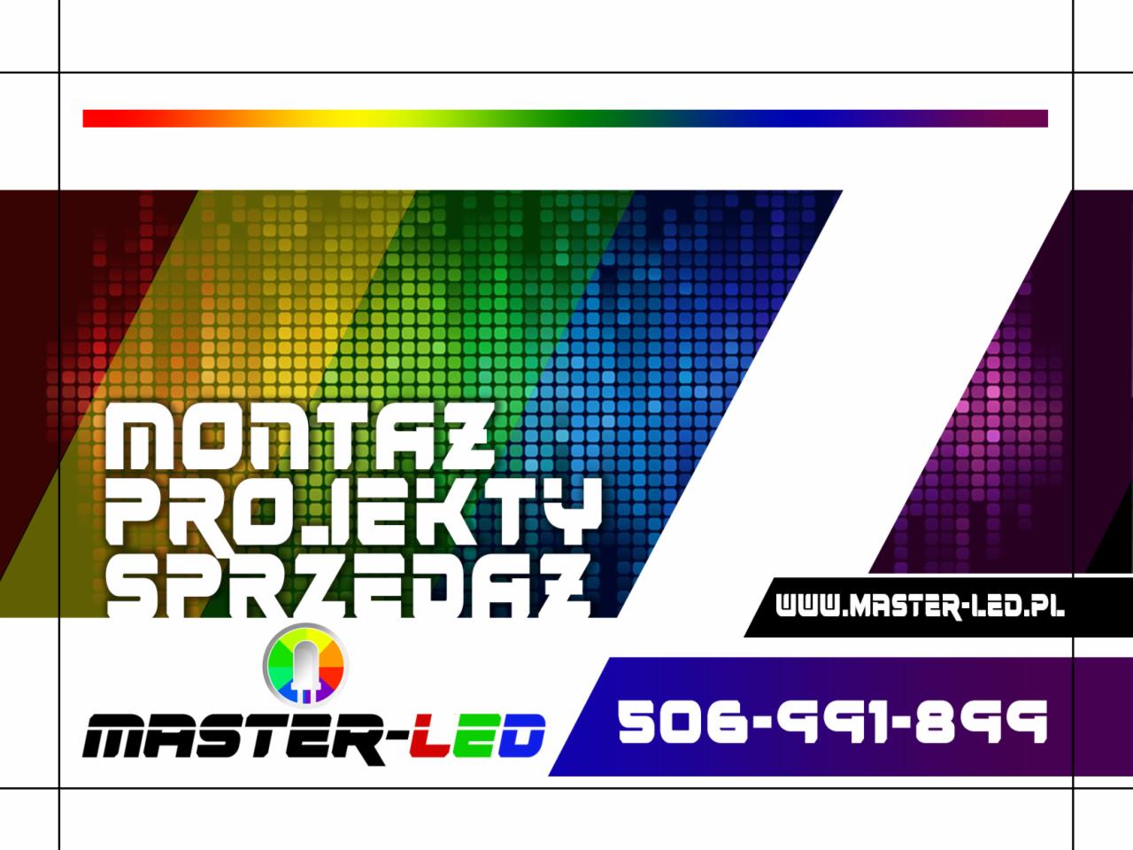Grafika reklamowa firmy Master-LED z napisem 'Montaż, Projekty, Sprzedaż', numerem telefonu i adresem strony internetowej na tle kolorowych pikseli.