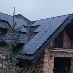 Dom z brązową dachówką i panelami fotowoltaicznymi, widok z dołu, na pierwszym planie świerk.