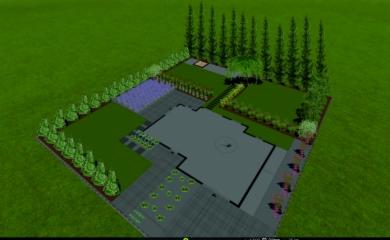 Wizualizacja 3D projektu zagospodarowania terenu wokół domu z uwzględnieniem nasadzeń roślin, trawników, pergoli i ścieżek, widok z góry.