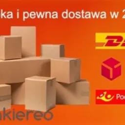 Reklama szybkiej dostawy w 24h z logo firm kurierskich DHL, DPD i Poczta Polska obok stosu kartonowych pudeł na pomarańczowym tle.