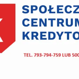 Logo firmy 'Społeczne Centrum Kredytowe' z czerwoną literą K w kwadracie i numerami telefonów.