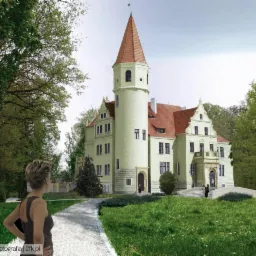 Wizualizacja pałacu z wieżą, widziana z perspektywy kobiety stojącej na kamiennej ścieżce w parku.