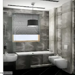 Nowoczesna łazienka z szarymi płytkami imitującymi beton, podwieszana misa WC i bidet, minimalistyczna umywalka nablatowa oraz wanna z zabudową, okno z szarą roletą rzymską i czarną lampą wiszącą.