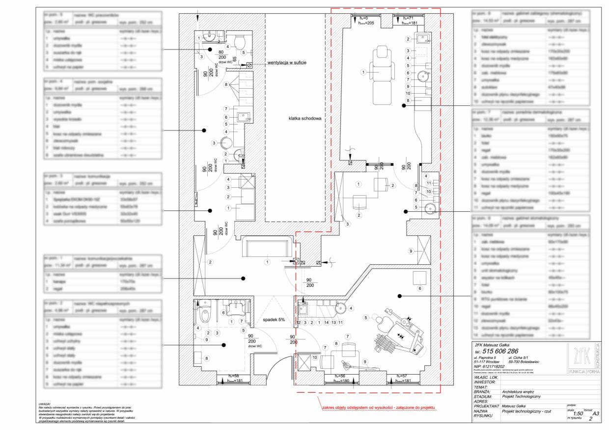 Rzut technologiczny gabinetów, widoczne rozmieszczenie sprzętów i wyposażenia, z uwzględnieniem wentylacji, sanitarów i klaki schodowej, z podanymi wymiarami i opisami.