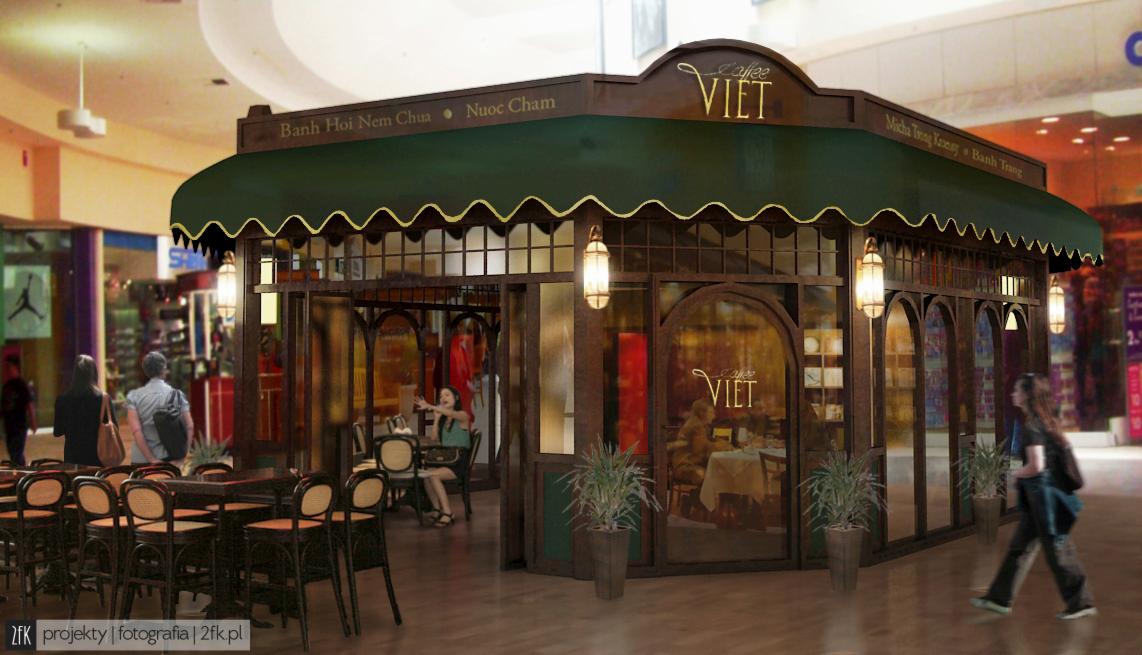 Wizualizacja kawiarni w stylu wietnamskim w centrum handlowym, z ciemnego drewna ramami okiennymi i zielonym markizą z falbanką, stoliki z krzesłami z rattanu na zewnątrz, widoczne menu nad wejściem.