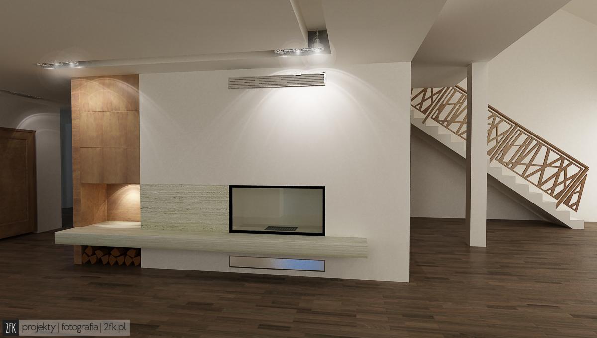Minimalistyczny salon z drewnianą podłogą, kominkiem z obudową z jasnego kamienia, drewnianą zabudową ściany z podświetleniem i ażurową balustradą schodów.
