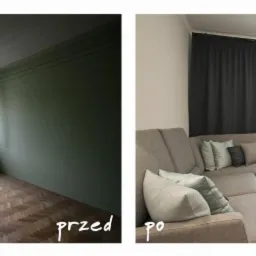 Porównanie pokoju przed i po: od ciemnego, zielonego pomieszczenia z rowerem przy oknie do jasnego salonu z szarą sofą narożną, stolikiem kawowym i telewizorem na komodzie.