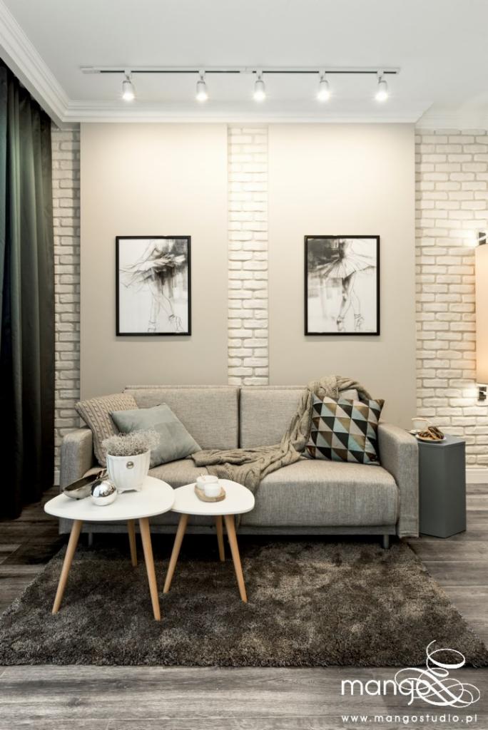 Salon w neutralnych barwach z szarą sofą, dywanem shaggy, dwoma okrągłymi stolikami kawowymi na drewnianych nogach i dekoracjami w postaci poduszek, pledów oraz obrazów z motywem baletnicy...