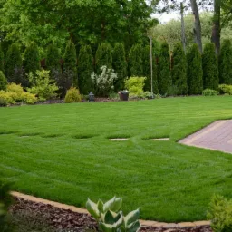 Perfekcyjnie utrzymany trawnik z systemem nawadniania, otoczony tujami i rabatami z korą, widok zza pnia brzozy.