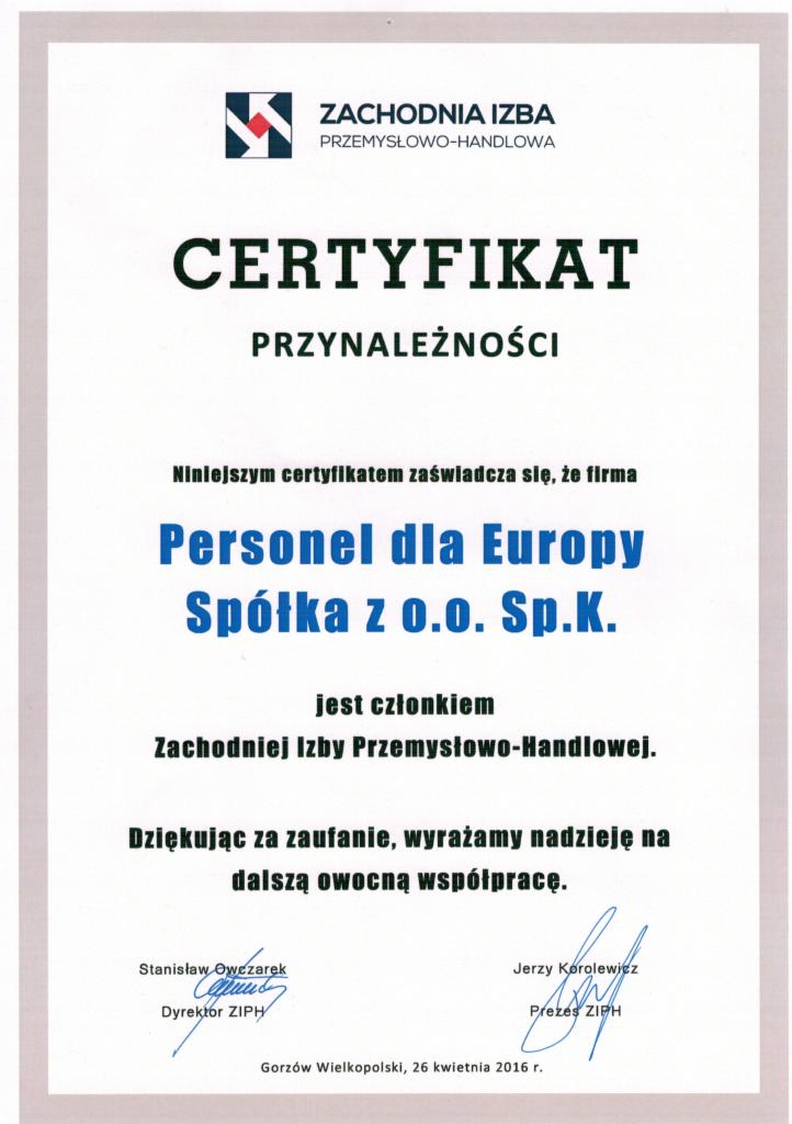 Certyfikat przynależności do ZIPH