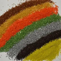 Przekrój kolorowych granulek, prawdopodobnie styropianu lub innego materiału izolacyjnego, ułożonych w pasy: brązowy, złoty, pomarańczowy, zielony, srebrny, ciemnobrązowy i żółty.