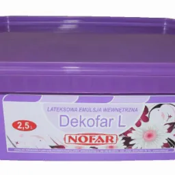 Pojemnik 2,5L z fioletowego tworzywa sztucznego zawierający lateksową emulsję wewnętrzną Dekofar L marki Nofar, z widoczną etykietą i danymi kontaktowymi producenta.