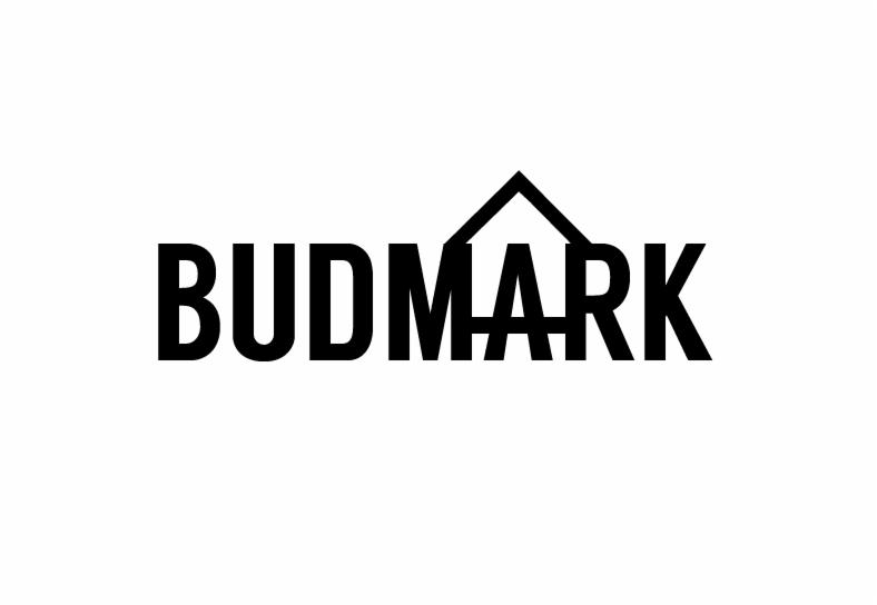 Czarne logo firmy BUDMARK z symbolem dachu nad literą 'M', na białym tle.