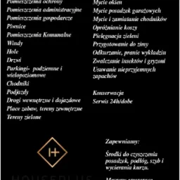 Czarno-złote logo firmy Houseplus z ofertą usług: sprzątanie, odśnieżanie, mycie okien, pielęgnacja zieleni, odkurzanie, zwalczanie insektów, konserwacja i serwis 24h, w tle wypisane rodzaje...