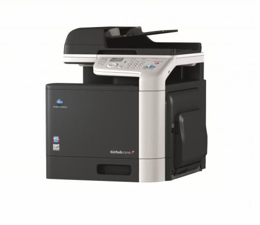 Czarno-biała kserokopiarka wielkoformatowa Konica Minolta bizhub C310 w studiu na białym tle, z widocznym panelem sterowania i logo.