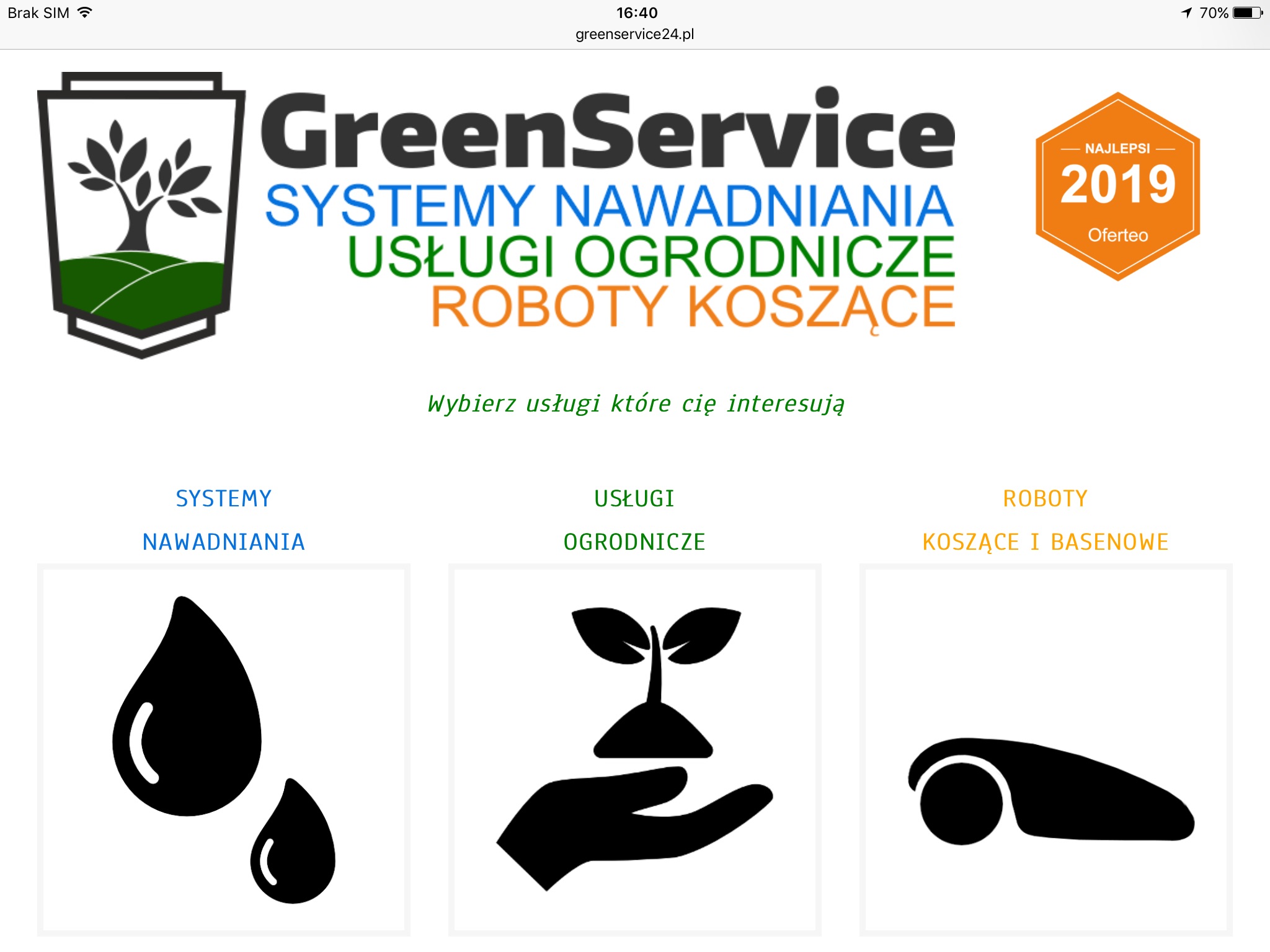 Strona internetowa firmy GreenService24.pl z ofertą systemów nawadniania, usług ogrodniczych i robotów koszących, wyróżniona nagrodą Oferteo Najlepsi 2019.