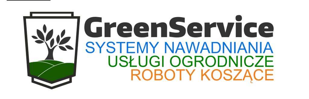 Logo firmy GreenService z motywem drzewa w geometrycznej ramce, oferującej systemy nawadniania, usługi ogrodnicze i roboty koszące, z nazwami usług w kolorach niebieskim, zielonym i pomarańczowym.
