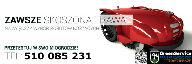 Czerwony robot koszący na białym tle, z widocznym logo firmy GreenService i numerem telefonu kontaktowego.