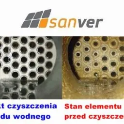 Porównanie stanu elementu układu wodnego przed i po czyszczeniu: po lewej czysty, po prawej zanieczyszczony, widoczne otwory w metalowej konstrukcji.