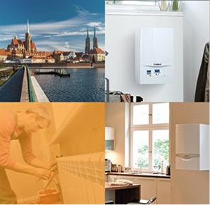 Kolaż czterech zdjęć: panorama Wrocławia z mostem, biały piec gazowy Vaillant na ścianie, hydraulik pracujący przy grzejniku, piec gazowy w kuchni z oknem.