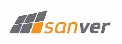 Logo firmy Sanver z motywem paneli słonecznych w kolorze szarym i pomarańczowym na białym tle.