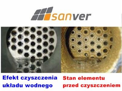 Porównanie stanu elementu układu wodnego przed i po czyszczeniu: po lewej czysty, po prawej zanieczyszczony, widoczne otwory w metalowej konstrukcji.