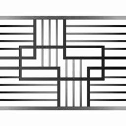 Camet-system - Metalowa krata okienna z geometrycznym wzorem z grubych, czarnych prętów na tle poziomych, cienkich prętów, całość w srebrnej ramie.