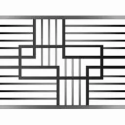 Metalowa krata okienna z geometrycznym wzorem z grubych, czarnych prętów na tle poziomych, cienkich prętów, całość w srebrnej ramie.