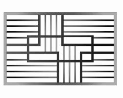 Metalowa krata okienna z geometrycznym wzorem z grubych, czarnych prętów na tle poziomych, cienkich prętów, całość w srebrnej ramie.