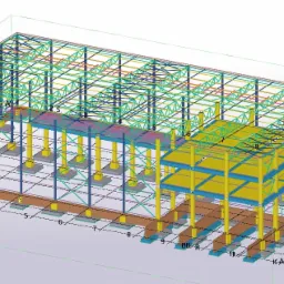 Model 3D hali przemysłowej z konstrukcją stalową, widoczne słupy, belki, kratownice, fundamenty, oznaczenia osi i rzędnych.