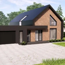 Wizualizacja nowoczesnego domu jednorodzinnego z ceglaną elewacją, ciemnym dachem i przylegającym garażem, otoczonego zielenią i brukowanym podjazdem.