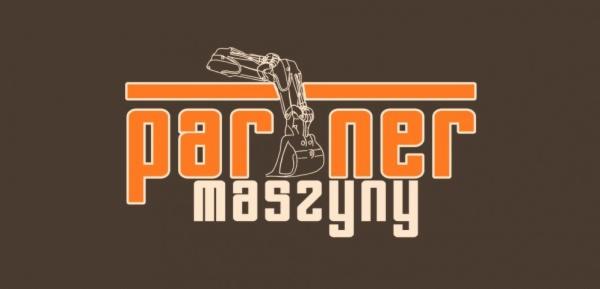 Logo firmy zarys koparki, napis Partner Maszyny w pomarańczowej ramce na brązowym tle.