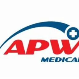 Logo APW Medical z czerwonym napisem i niebieskim łukiem z krzyżem w tle, na białym tle.
