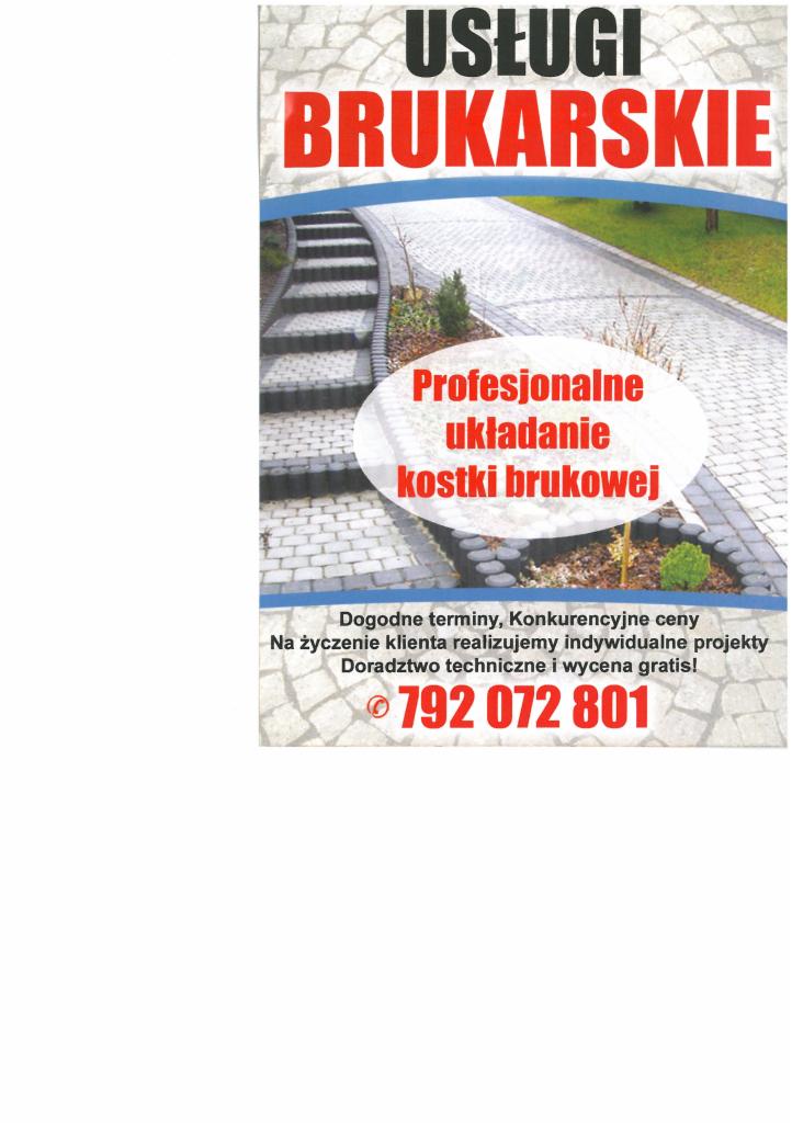 Ulotka reklamowa z wizualizacją ścieżki i schodów z kostki brukowej, z hasłem 'Profesjonalne układanie kostki brukowej' i numerem telefonu.