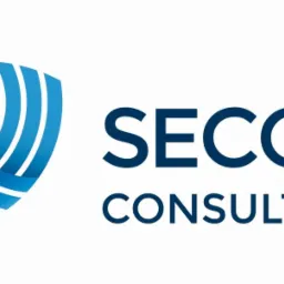 Logo firmy SECO Consulting z niebieskim symbolem przypominającym tarczę z trzema zakrzywionymi liniami.
