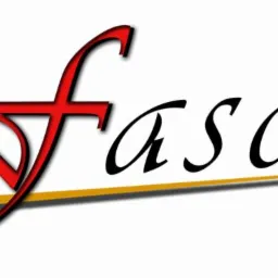 Logo firmy odzieżowej z stylizowaną literą 'f' przypominającą igłę z nitką oraz sylwetką nożyczek