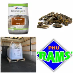 Worek kory kamiennej marki Cemex Kruszywa, luzem wysypana kora kamienna, dwa worki z napisem Neogen na palecie w przestrzeni ładunkowej samochodu dostawczego oraz logo firmy PHU Rams.