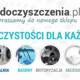 Baner reklamowy sklepu internetowego chemiadoczyszczenia.pl z hasłem 'Środki czystości dla każdej branży' i miniaturami przedstawiającymi zastosowanie w hotelarstwie, pralni, basenach, motoryzacji,...