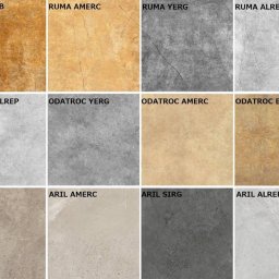 Euroglazura-Terakota Sp.z o.o. - Kafelki gresowe w dwunastu wariantach kolorystycznych i wzorniczych, z nazwami kolekcji i odcieniami widocznymi na każdym z nich. Satynowo-matowe wykończenie.