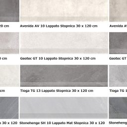 Euroglazura-Terakota Sp.z o.o. - Ekspozycja różnorodnych płytek stopnicowych o wymiarach 30x120 cm, prezentujących odcienie szarości, beżu i bieli z subtelnymi wzorami i liniami dekoracyjnymi.