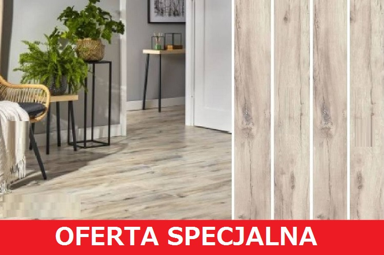 Jasne panele podłogowe ułożone w salonie, widok na fragment aranżacji wnętrza z roślinami i meblami. Na dole czerwony baner z napisem 'Oferta specjalna'.