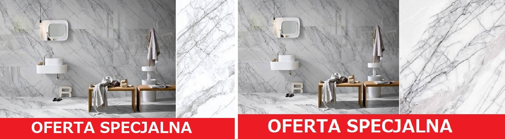 Łazienka wykończona płytkami imitującymi marmur Carrara, z białą armaturą i drewnianymi akcentami. Na dole czerwony baner z napisem 'Oferta Specjalna'.