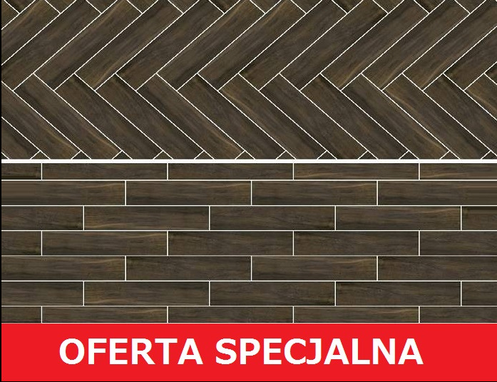 Drewnopodobne płytki gresowe w dwóch wzorach ułożenia, oferta specjalna w Gorzowie Wielkopolskim. Wzór jodełka i klasyczny układ. Ciemne odcienie brązu.