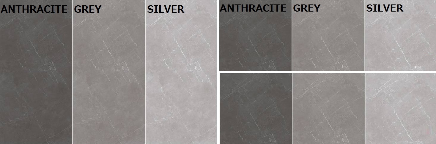 Płytki gresowe w odcieniach antracytu, szarości i srebra z efektem marmuru, prezentowane w ekspozycji. Matowe wykończenie, nowoczesny design.