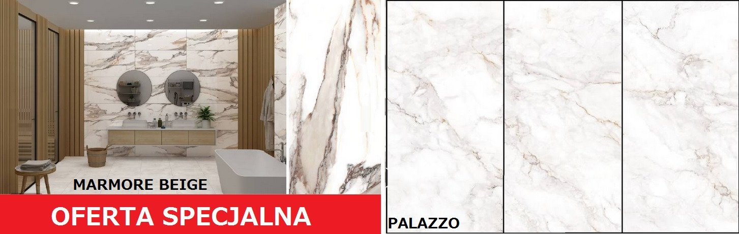 Beżowe płytki marmurowe w aranżacji łazienki z wanną i drewnianymi akcentami. Po prawej próbki płytek Palazzo.